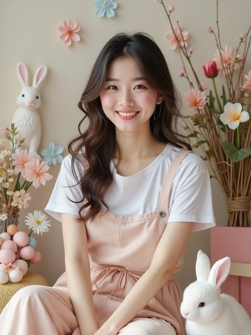 A model dressed in a casual spring outfit, surrounded by pastel Easter decorations like eggs, flowers, and bunnies.