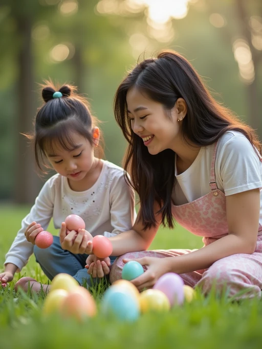 A model having an Easter egg hunt, with children searching for hidden eggs in a beautiful garden setting.