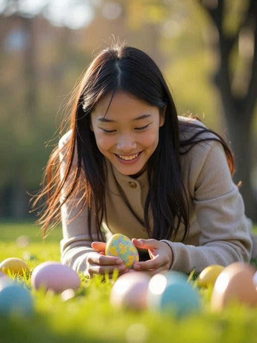 A model having an Easter egg hunt, with children searching for hidden eggs in a beautiful garden setting.
