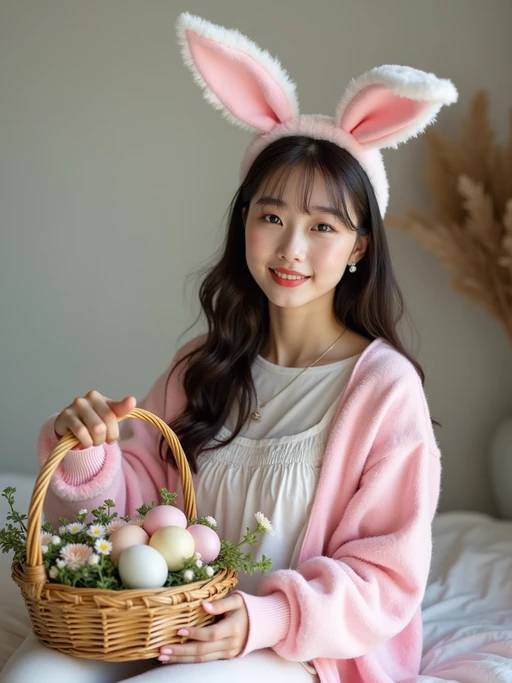 Model dressed in a cute bunny costume with pastel-colored ears, posing next to a basket of decorated Easter eggs and spring flowers.