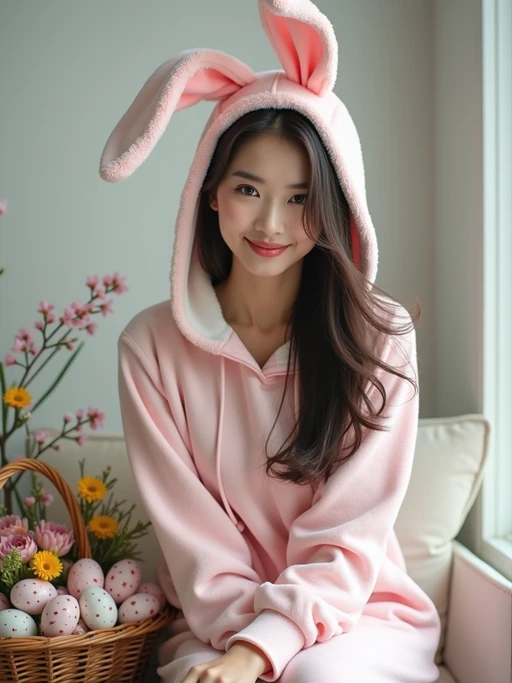 Model dressed in a cute bunny costume with pastel-colored ears, posing next to a basket of decorated Easter eggs and spring flowers.