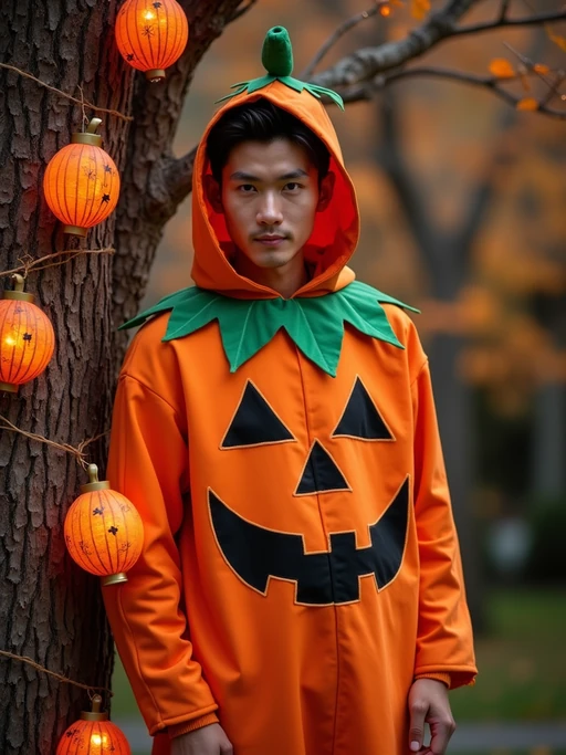 A model wearing a pumpkin-themed costume, standing beside a decorated Halloween tree and festive lanterns.