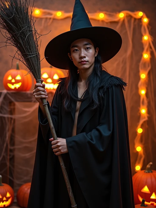 A model dressed as a friendly witch, wearing a pointed hat and holding a broomstick, surrounded by Halloween decorations like spider webs and glowing pumpkins.