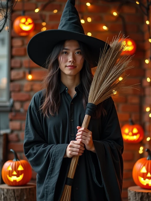 A model dressed as a friendly witch, wearing a pointed hat and holding a broomstick, surrounded by Halloween decorations like spider webs and glowing pumpkins.