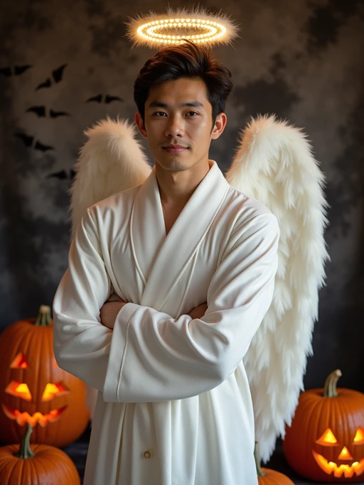 A model dressed as an angel, wearing a white robe with wings and a halo, posing against a Halloween backdrop with carved pumpkins and bats.