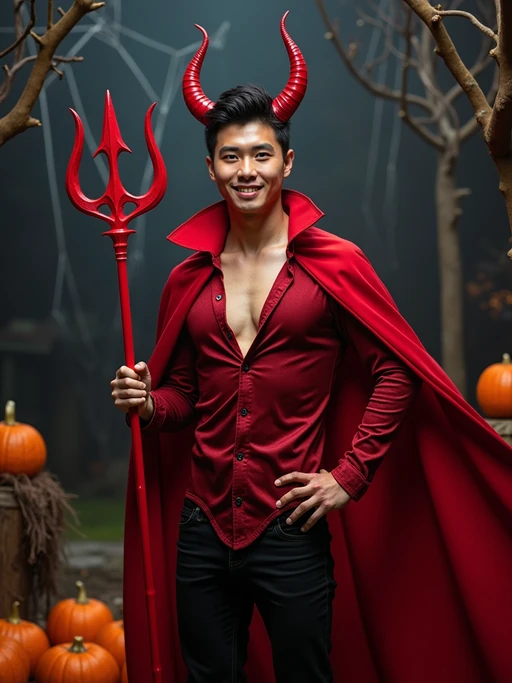 A model wearing a classic red devil costume with devil horns, a red cape, and holding a trident. The backdrop includes pumpkins, spider webs, and a spooky night scene.