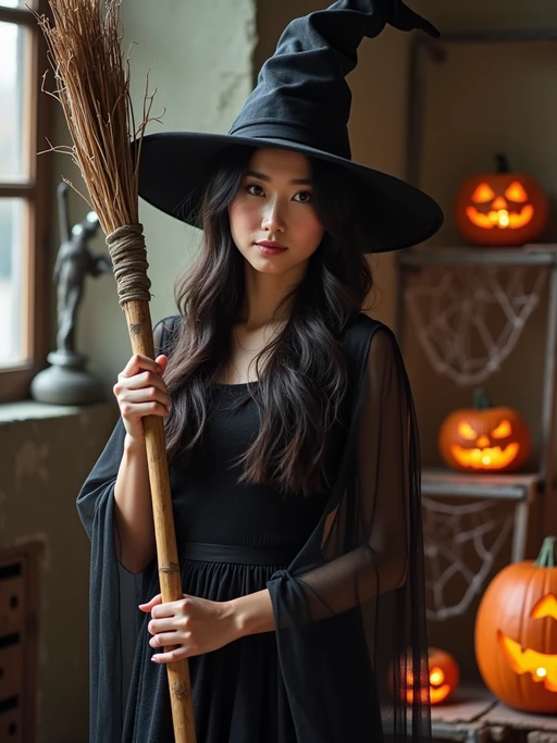 A model dressed as a friendly witch, wearing a pointed hat and holding a broomstick, surrounded by Halloween decorations like spider webs and glowing pumpkins.