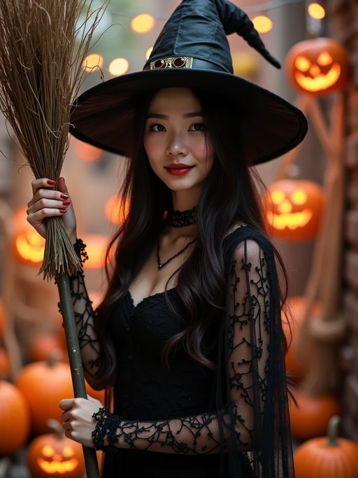 A model dressed as a friendly witch, wearing a pointed hat and holding a broomstick, surrounded by Halloween decorations like spider webs and glowing pumpkins.
