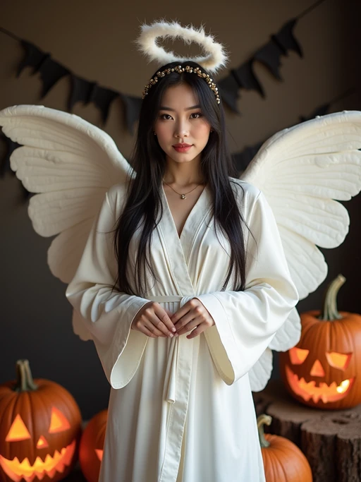 A model dressed as an angel, wearing a white robe with wings and a halo, posing against a Halloween backdrop with carved pumpkins and bats.