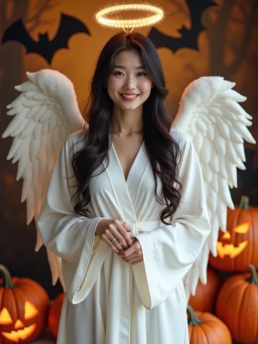 A model dressed as an angel, wearing a white robe with wings and a halo, posing against a Halloween backdrop with carved pumpkins and bats.