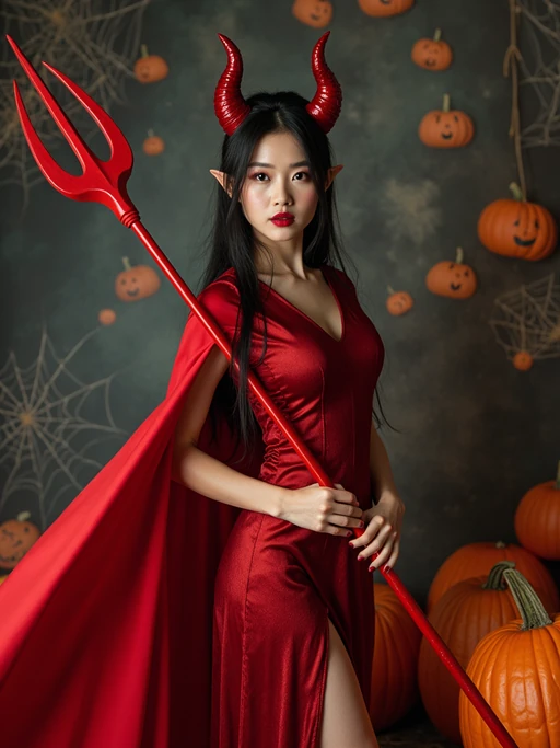 A model wearing a classic red devil costume with devil horns, a red cape, and holding a trident. The backdrop includes pumpkins, spider webs, and a spooky night scene.