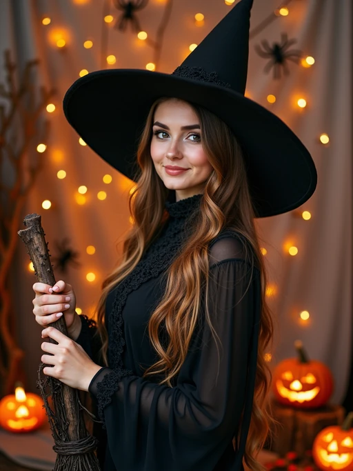 A model dressed as a friendly witch, wearing a pointed hat and holding a broomstick, surrounded by Halloween decorations like spider webs and glowing pumpkins.