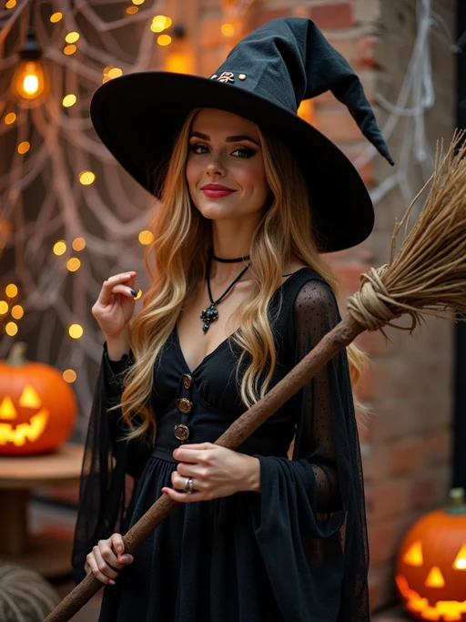 A model dressed as a friendly witch, wearing a pointed hat and holding a broomstick, surrounded by Halloween decorations like spider webs and glowing pumpkins.