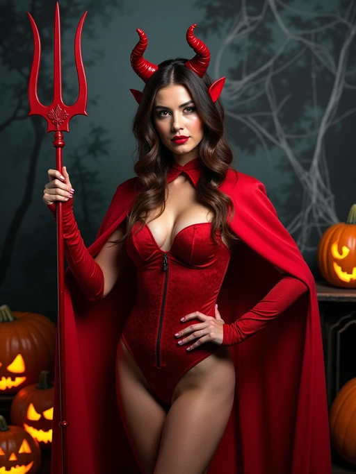 A model wearing a classic red devil costume with devil horns, a red cape, and holding a trident. The backdrop includes pumpkins, spider webs, and a spooky night scene.