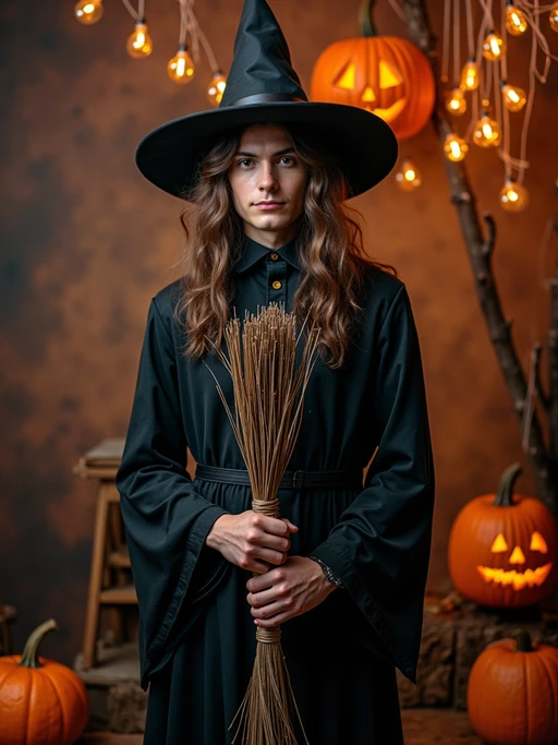 A model dressed as a friendly witch, wearing a pointed hat and holding a broomstick, surrounded by Halloween decorations like spider webs and glowing pumpkins.