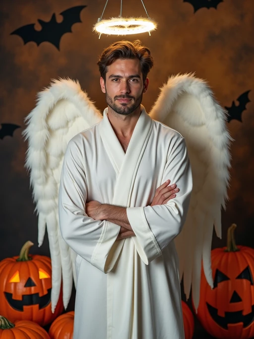 A model dressed as an angel, wearing a white robe with wings and a halo, posing against a Halloween backdrop with carved pumpkins and bats.