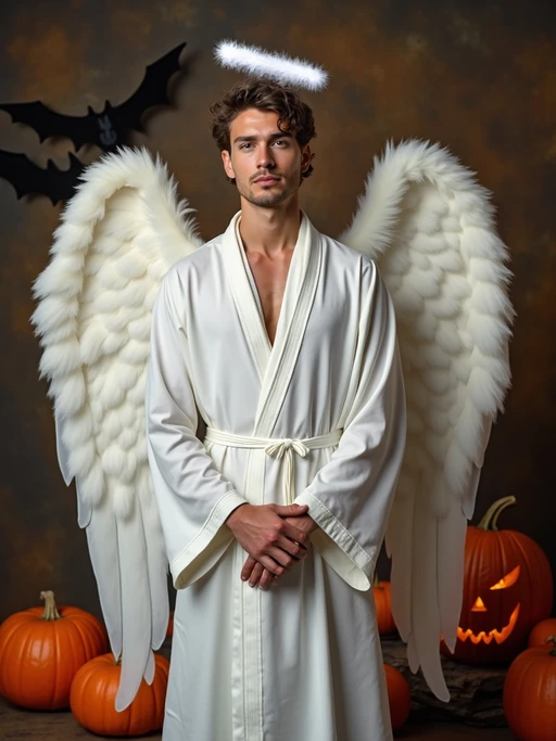 A model dressed as an angel, wearing a white robe with wings and a halo, posing against a Halloween backdrop with carved pumpkins and bats.