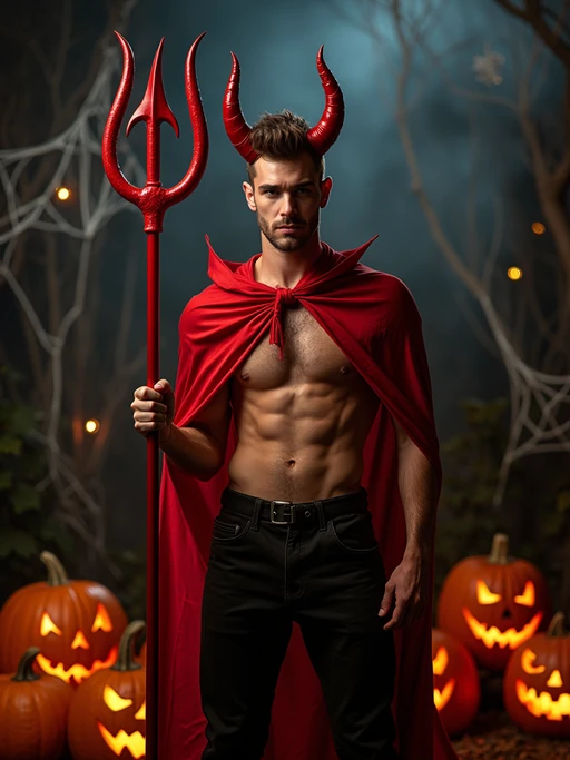 A model wearing a classic red devil costume with devil horns, a red cape, and holding a trident. The backdrop includes pumpkins, spider webs, and a spooky night scene.