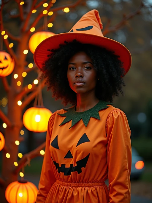 A model wearing a pumpkin-themed costume, standing beside a decorated Halloween tree and festive lanterns.