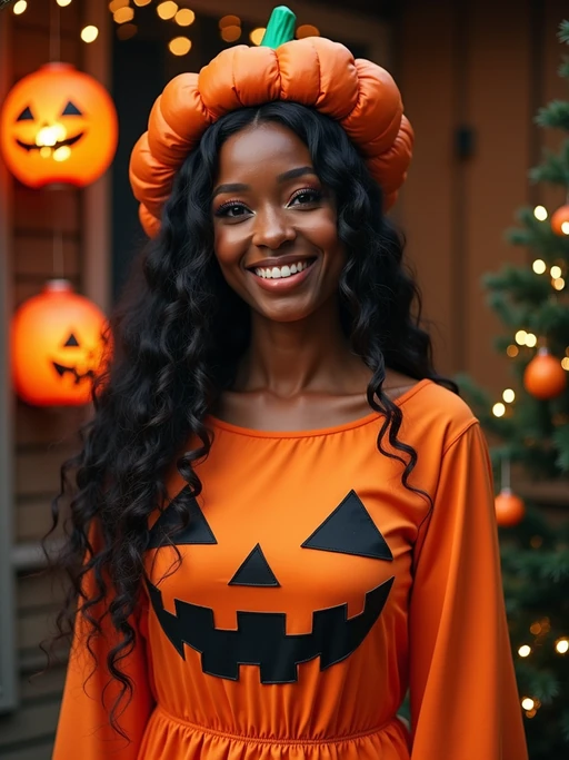 A model wearing a pumpkin-themed costume, standing beside a decorated Halloween tree and festive lanterns.
