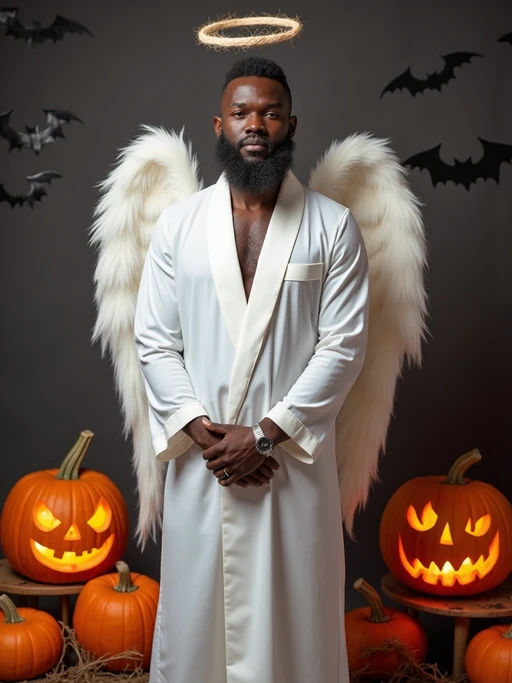 A model dressed as an angel, wearing a white robe with wings and a halo, posing against a Halloween backdrop with carved pumpkins and bats.