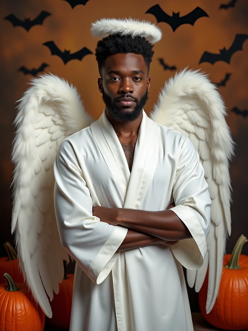 A model dressed as an angel, wearing a white robe with wings and a halo, posing against a Halloween backdrop with carved pumpkins and bats.