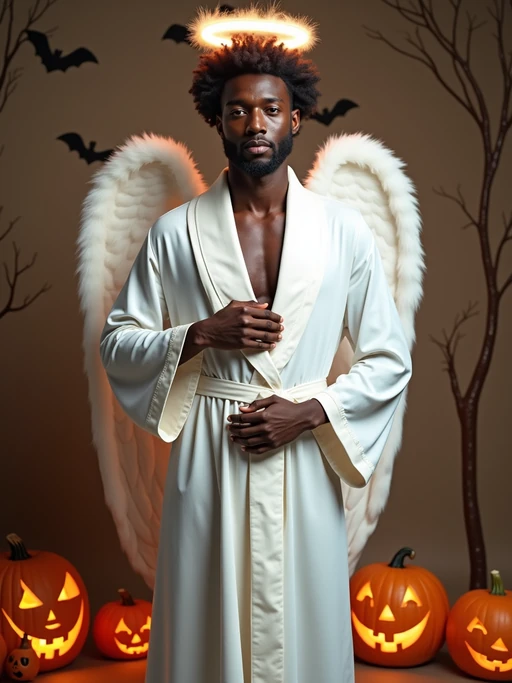 A model dressed as an angel, wearing a white robe with wings and a halo, posing against a Halloween backdrop with carved pumpkins and bats.