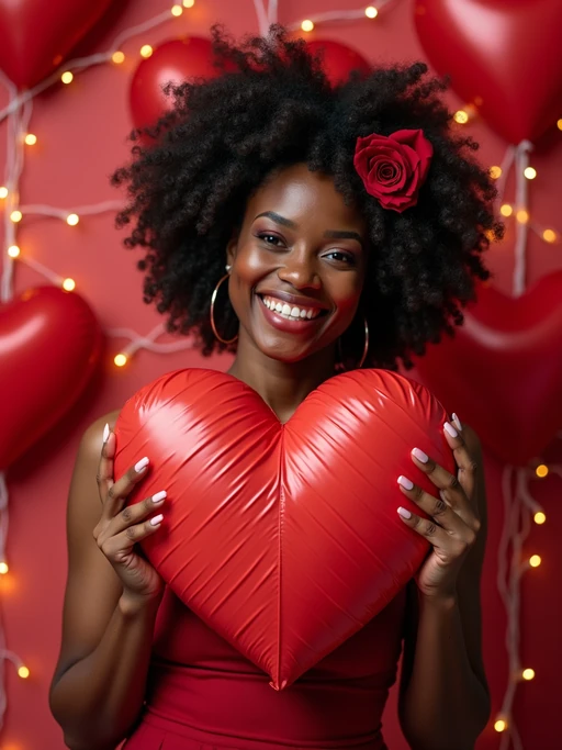 A playful model posing with giant heart decorations, surrounded by roses and festive Valentine's lights.