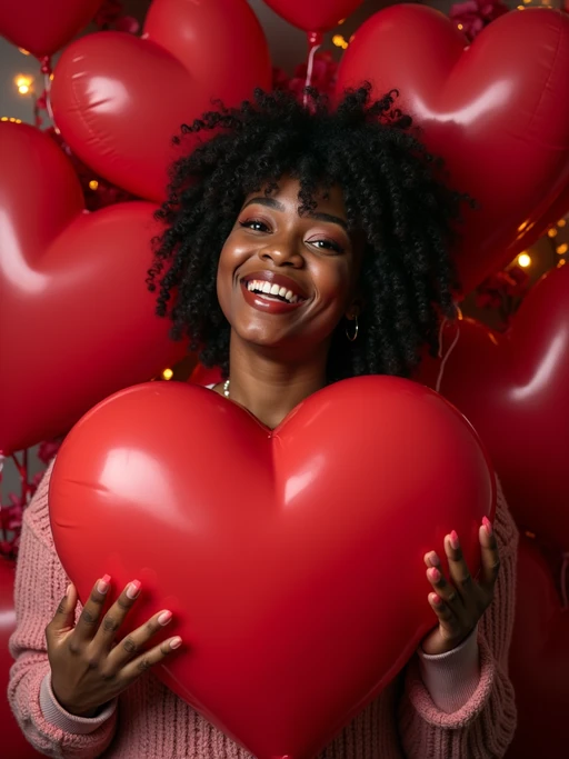 A playful model posing with giant heart decorations, surrounded by roses and festive Valentine's lights.