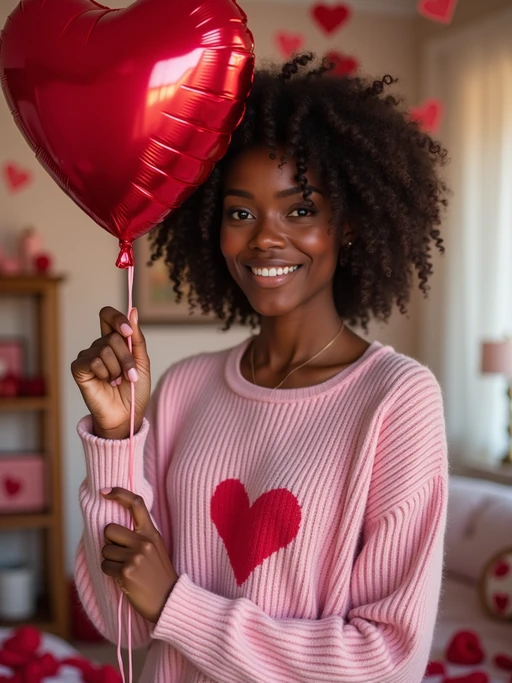 A model wearing a cute, pink Valentine's Day sweater, holding a heart-shaped balloon in a room filled with romantic decorations.