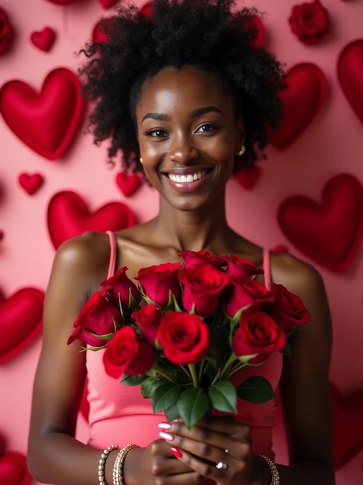 Model holding a bouquet of roses, smiling in front of a heart-shaped backdrop with Valentine's Day decorations like chocolates and rose petals.