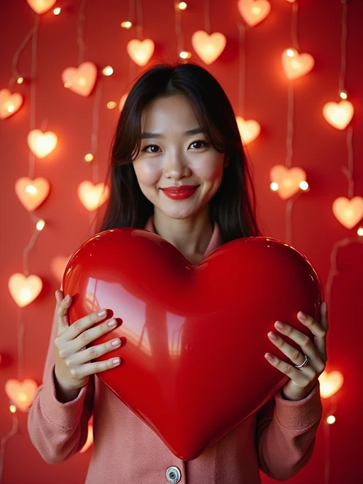A playful model posing with giant heart decorations, surrounded by roses and festive Valentine's lights.