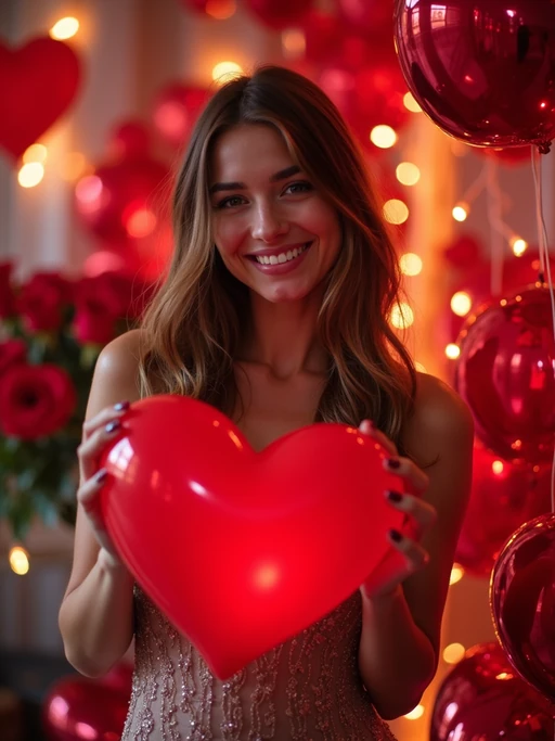 A playful model posing with giant heart decorations, surrounded by roses and festive Valentine's lights.