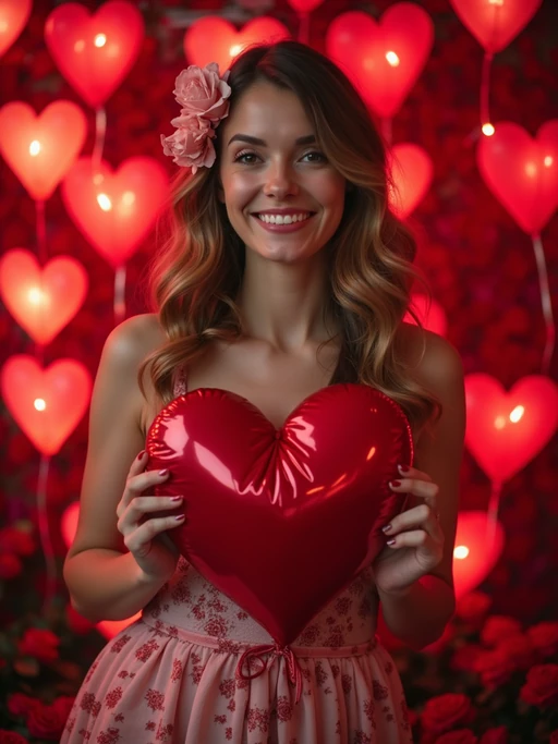 A playful model posing with giant heart decorations, surrounded by roses and festive Valentine's lights.