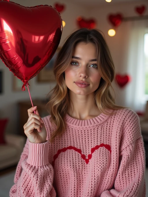 A model wearing a cute, pink Valentine's Day sweater, holding a heart-shaped balloon in a room filled with romantic decorations.