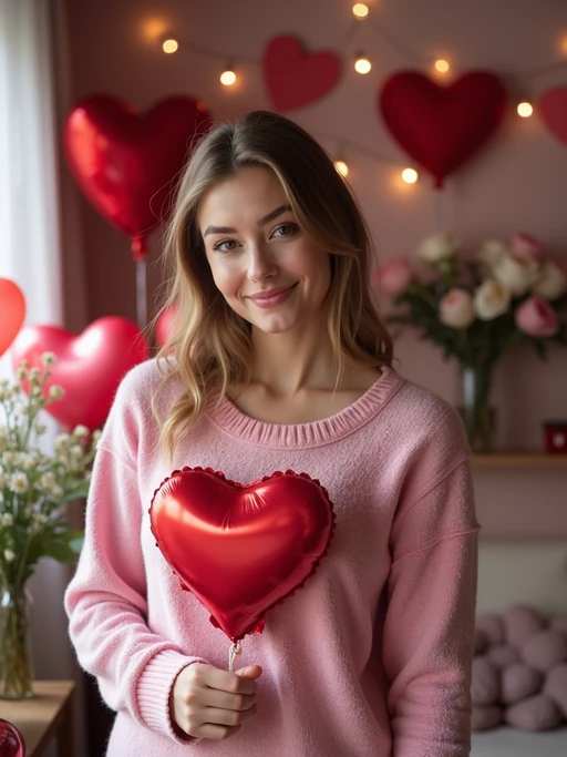 A model wearing a cute, pink Valentine's Day sweater, holding a heart-shaped balloon in a room filled with romantic decorations.