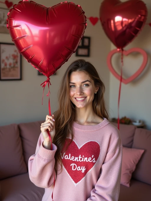 A model wearing a cute, pink Valentine's Day sweater, holding a heart-shaped balloon in a room filled with romantic decorations.