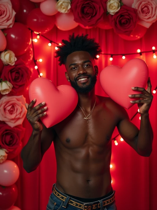 A playful model posing with giant heart decorations, surrounded by roses and festive Valentine's lights.