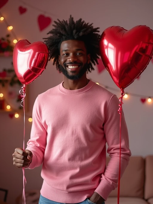 A model wearing a cute, pink Valentine's Day sweater, holding a heart-shaped balloon in a room filled with romantic decorations.