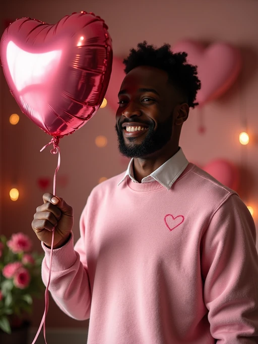 A model wearing a cute, pink Valentine's Day sweater, holding a heart-shaped balloon in a room filled with romantic decorations.