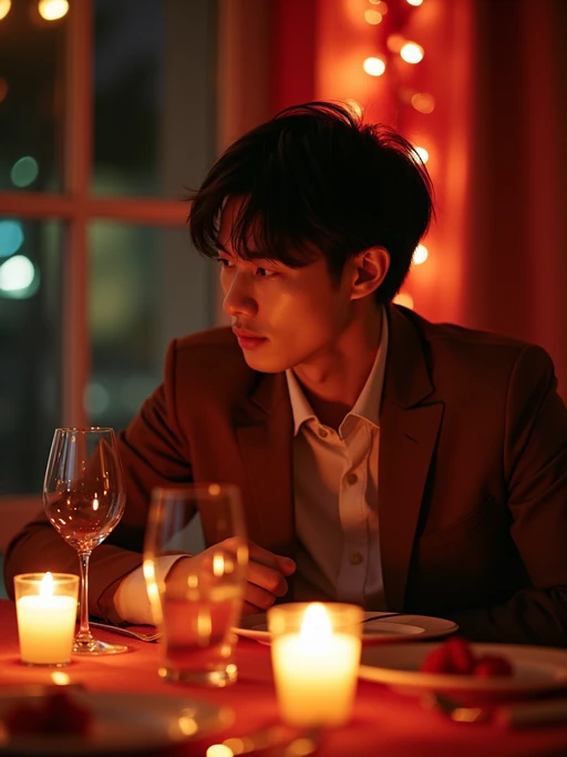 A model enjoying a romantic dinner with candles and soft lighting, set in a warm, Valentine's-themed atmosphere.