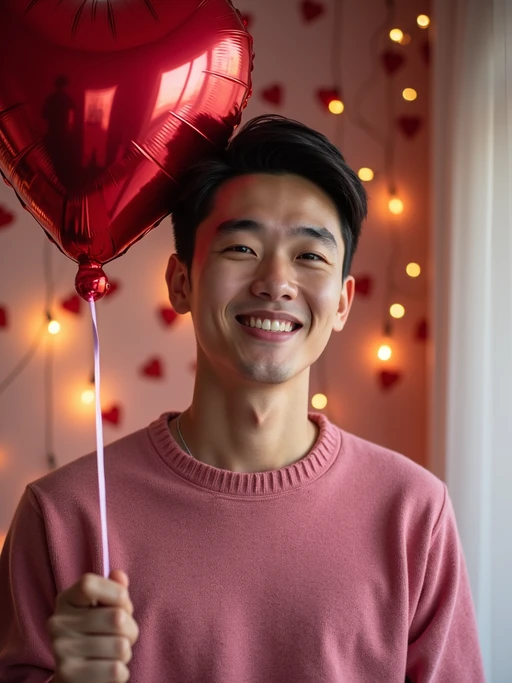 A model wearing a cute, pink Valentine's Day sweater, holding a heart-shaped balloon in a room filled with romantic decorations.