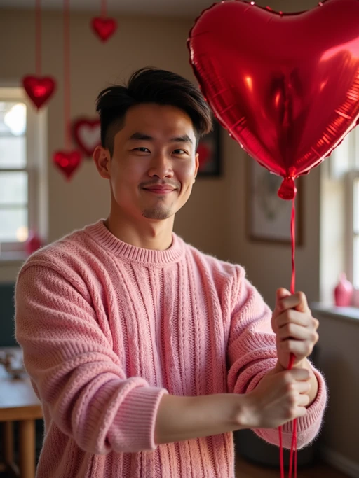 A model wearing a cute, pink Valentine's Day sweater, holding a heart-shaped balloon in a room filled with romantic decorations.