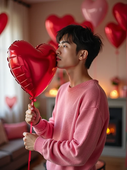 A model wearing a cute, pink Valentine's Day sweater, holding a heart-shaped balloon in a room filled with romantic decorations.
