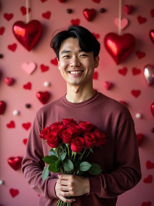 Model holding a bouquet of roses, smiling in front of a heart-shaped backdrop with Valentine's Day decorations like chocolates and rose petals.