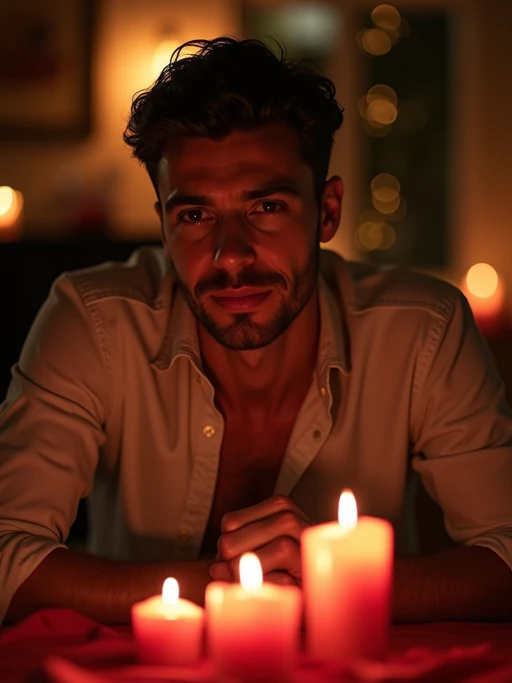 A model enjoying a romantic dinner with candles and soft lighting, set in a warm, Valentine's-themed atmosphere.