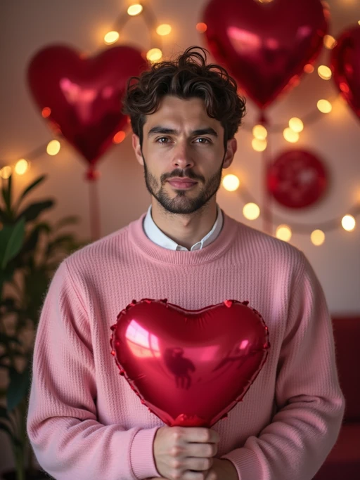 A model wearing a cute, pink Valentine's Day sweater, holding a heart-shaped balloon in a room filled with romantic decorations.