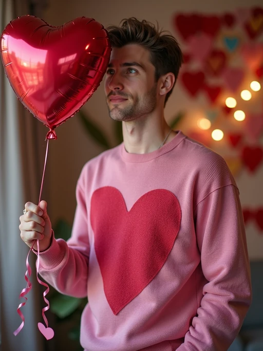 A model wearing a cute, pink Valentine's Day sweater, holding a heart-shaped balloon in a room filled with romantic decorations.