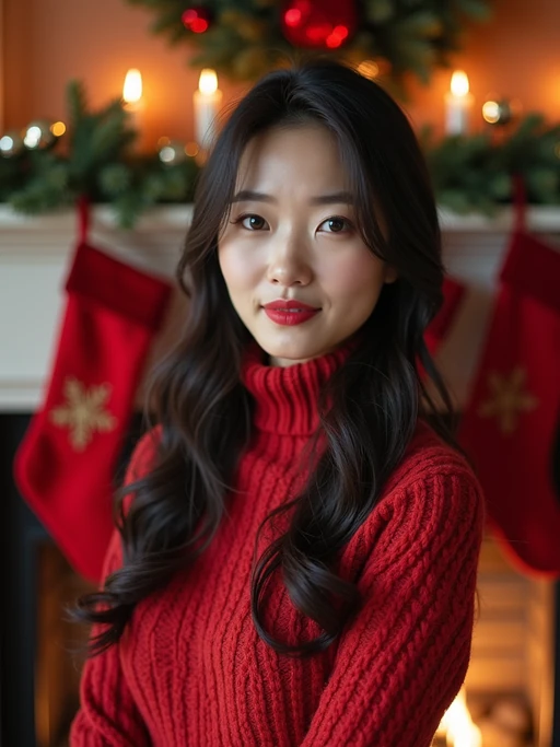 A model posing for a Christmas card photo, standing in front of a fireplace with stockings, garland, and holiday decorations.