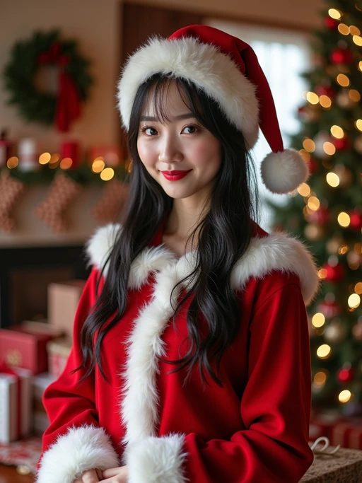 A model dressed in a classic Santa costume, standing in a room filled with holiday decorations, presents, and a Christmas tree.